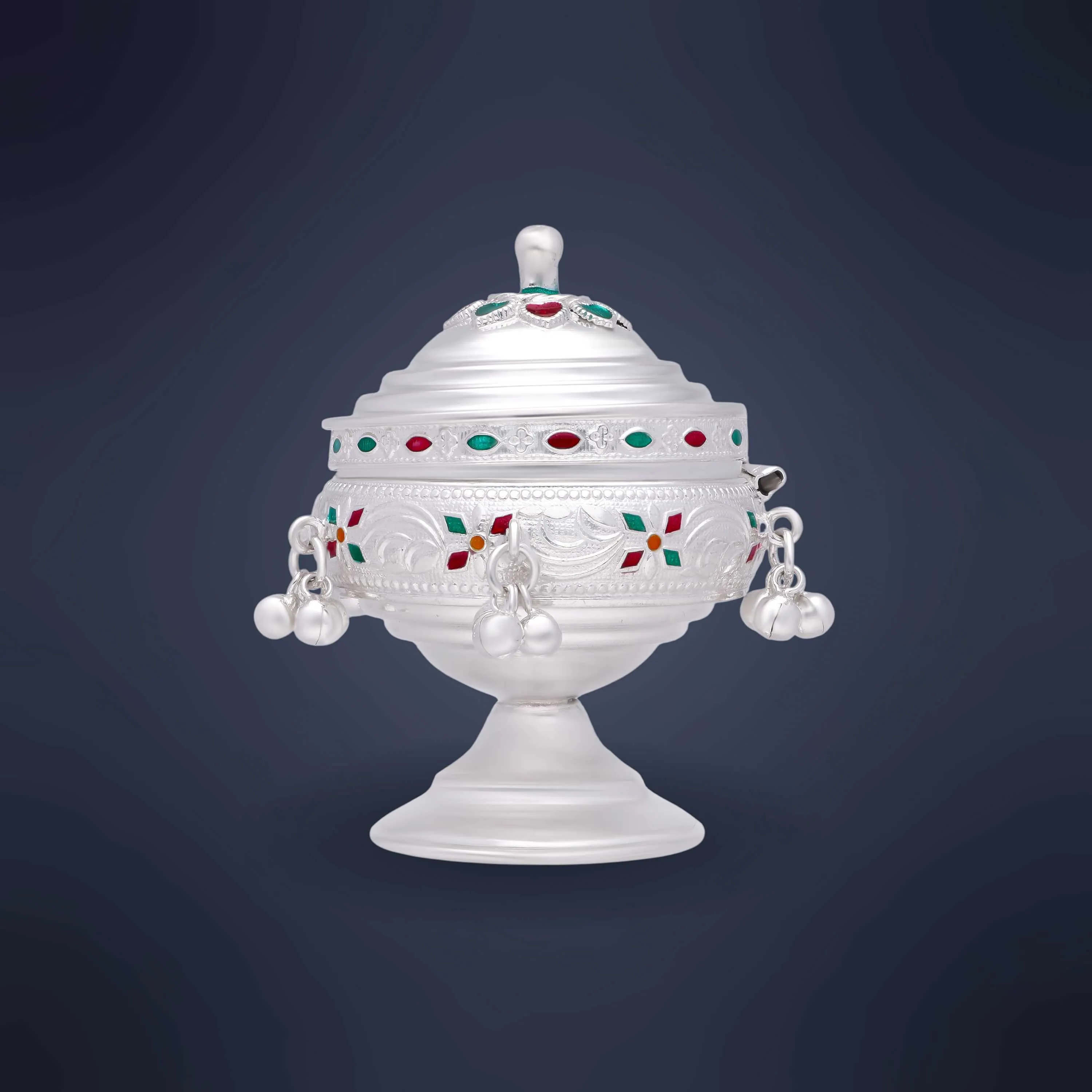 Specially Crafted And Enamel Worked Silver Kumkum Box