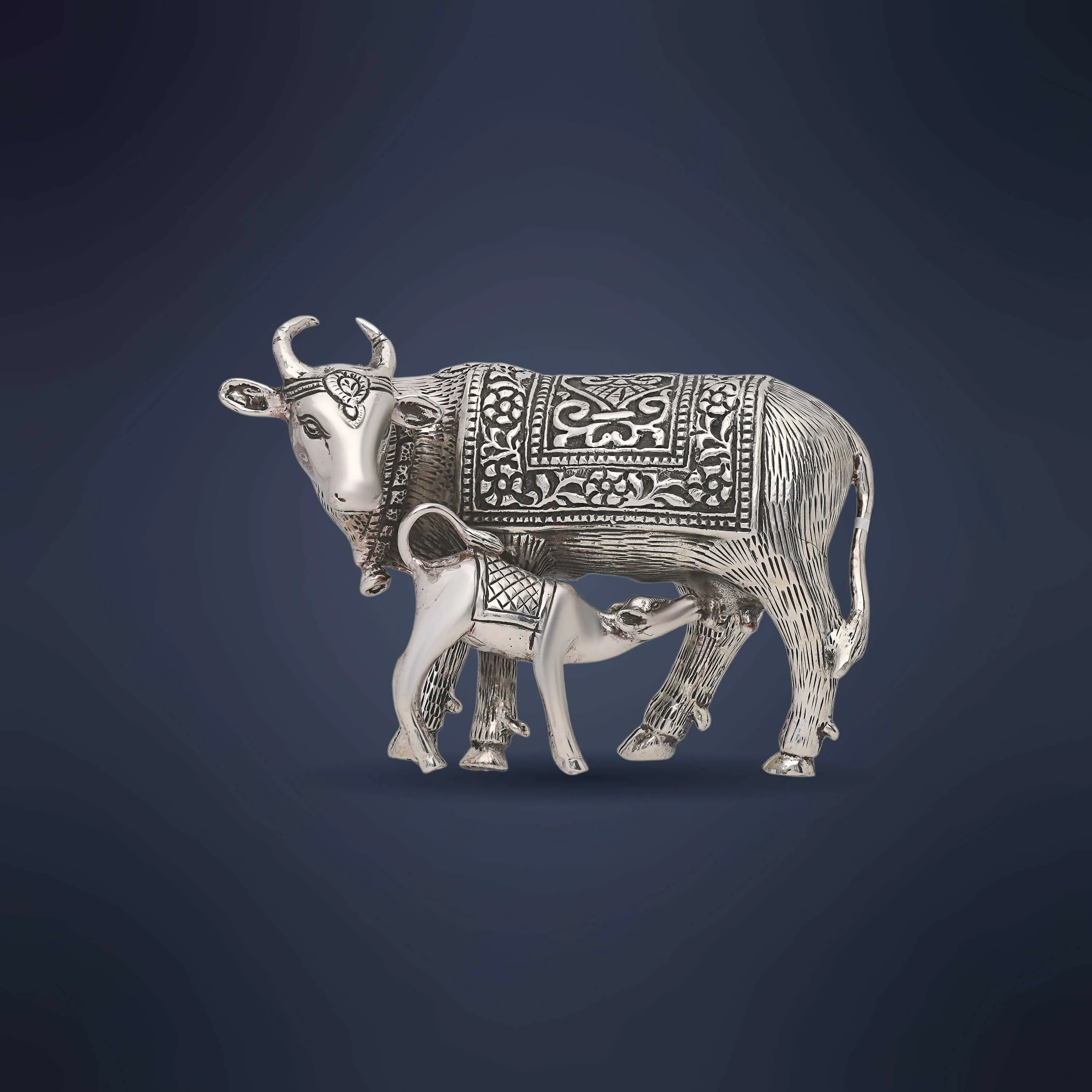 Antique Finished And Detailed Silver Cow And Calf Idol