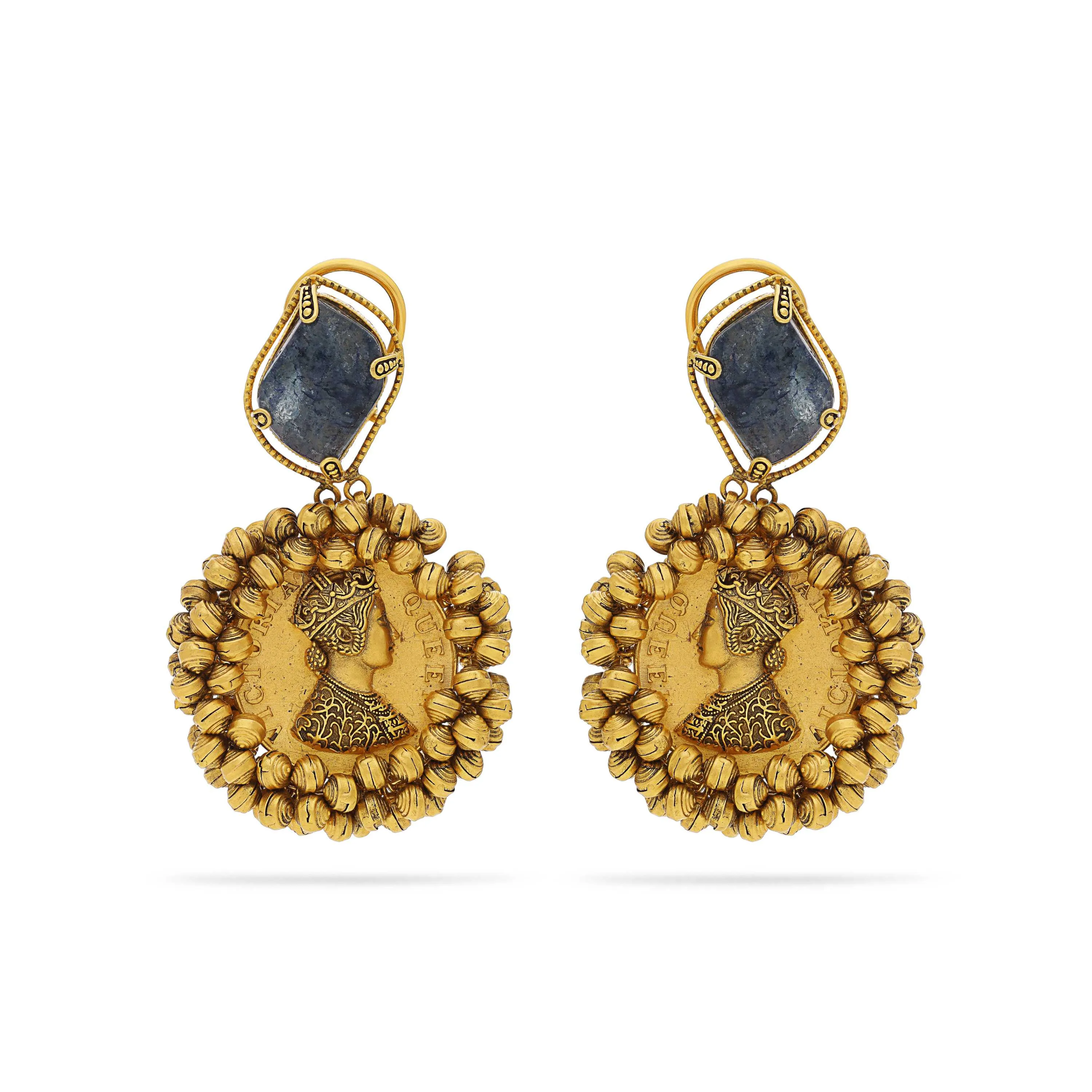 Antique Finished And Studded 22KT Gold Queen Victoria Drops 