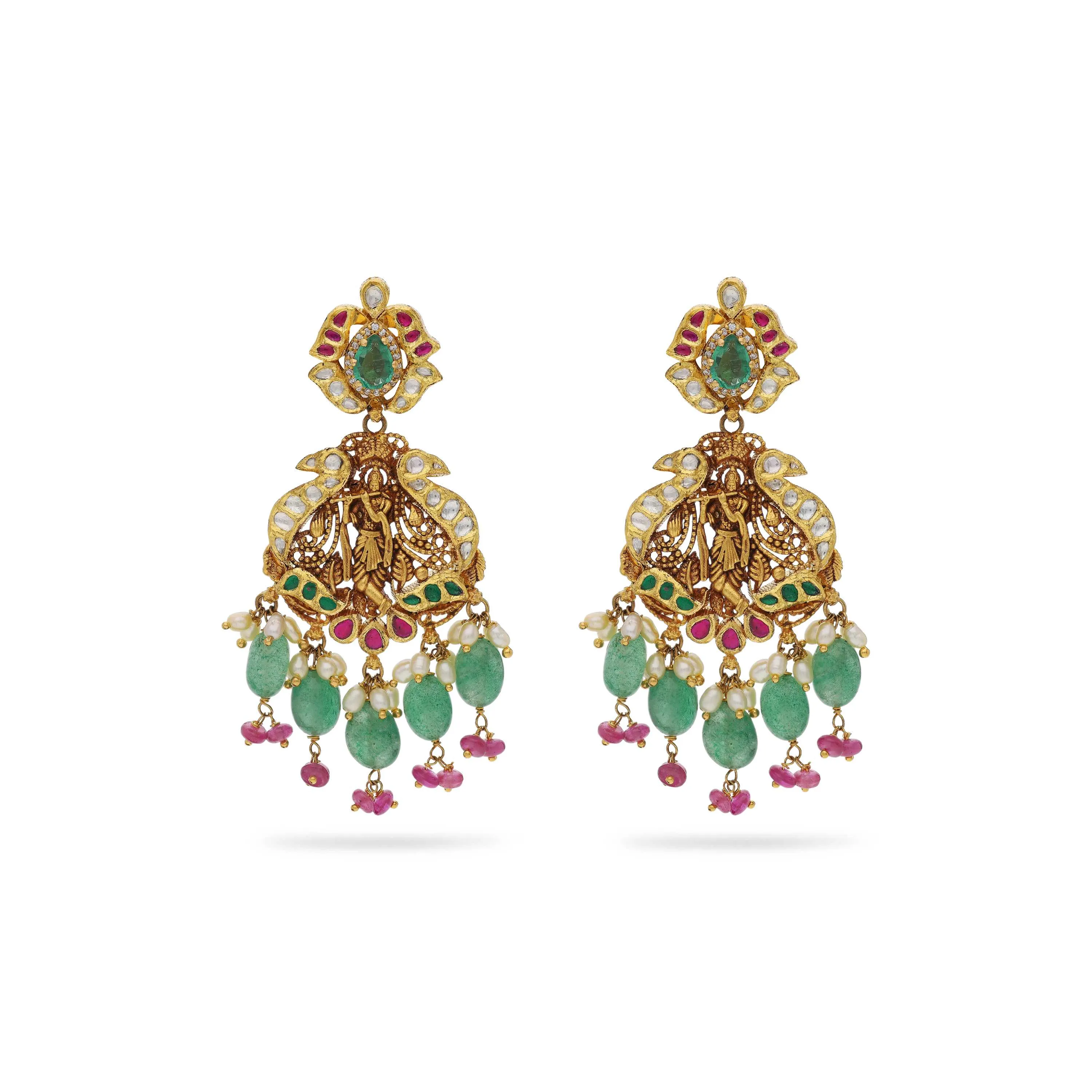 Antique Finished And Studded 22KT Gold Sri Krishna Drops 