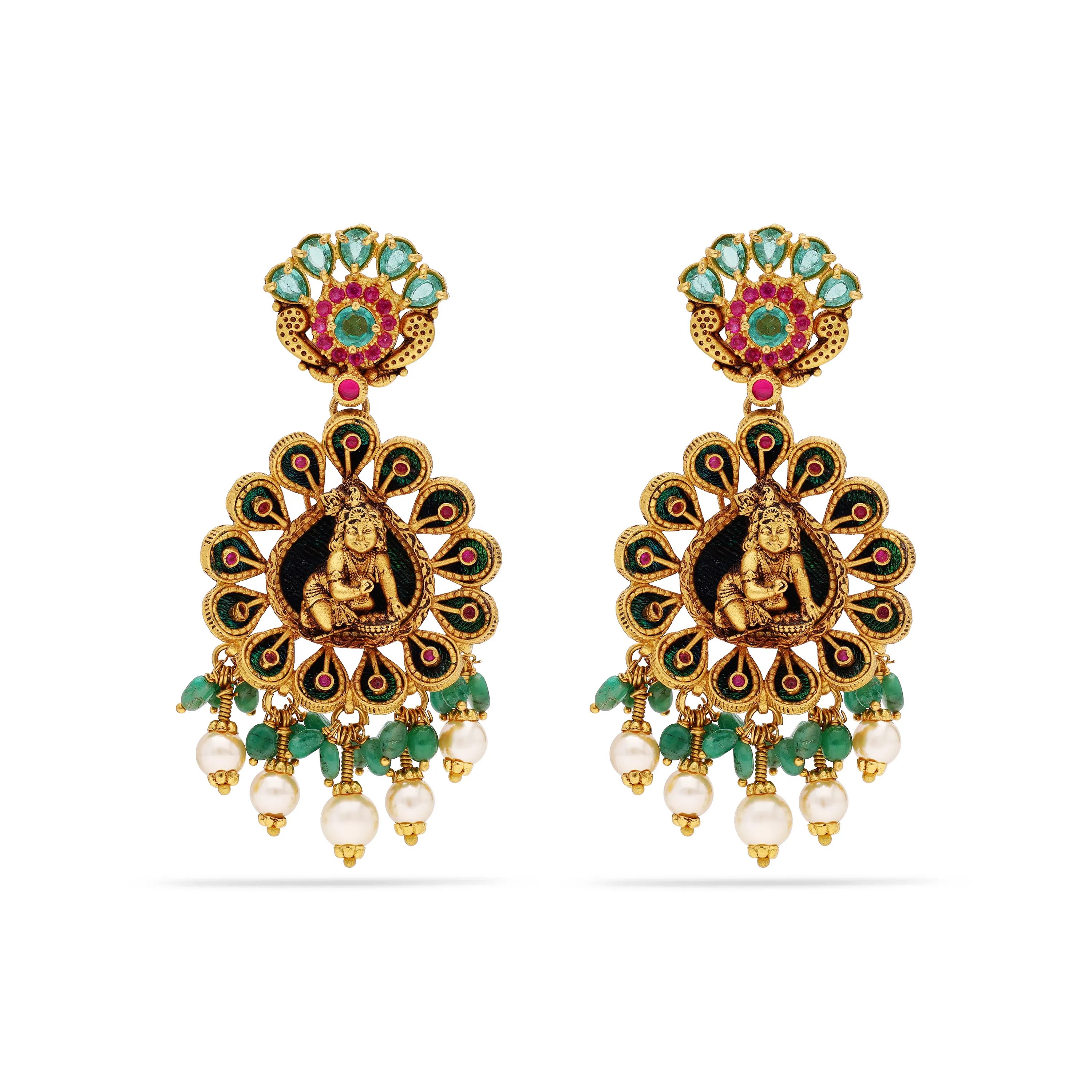Antique Finished And Studded 22KT Gold Sri Krishna Drops