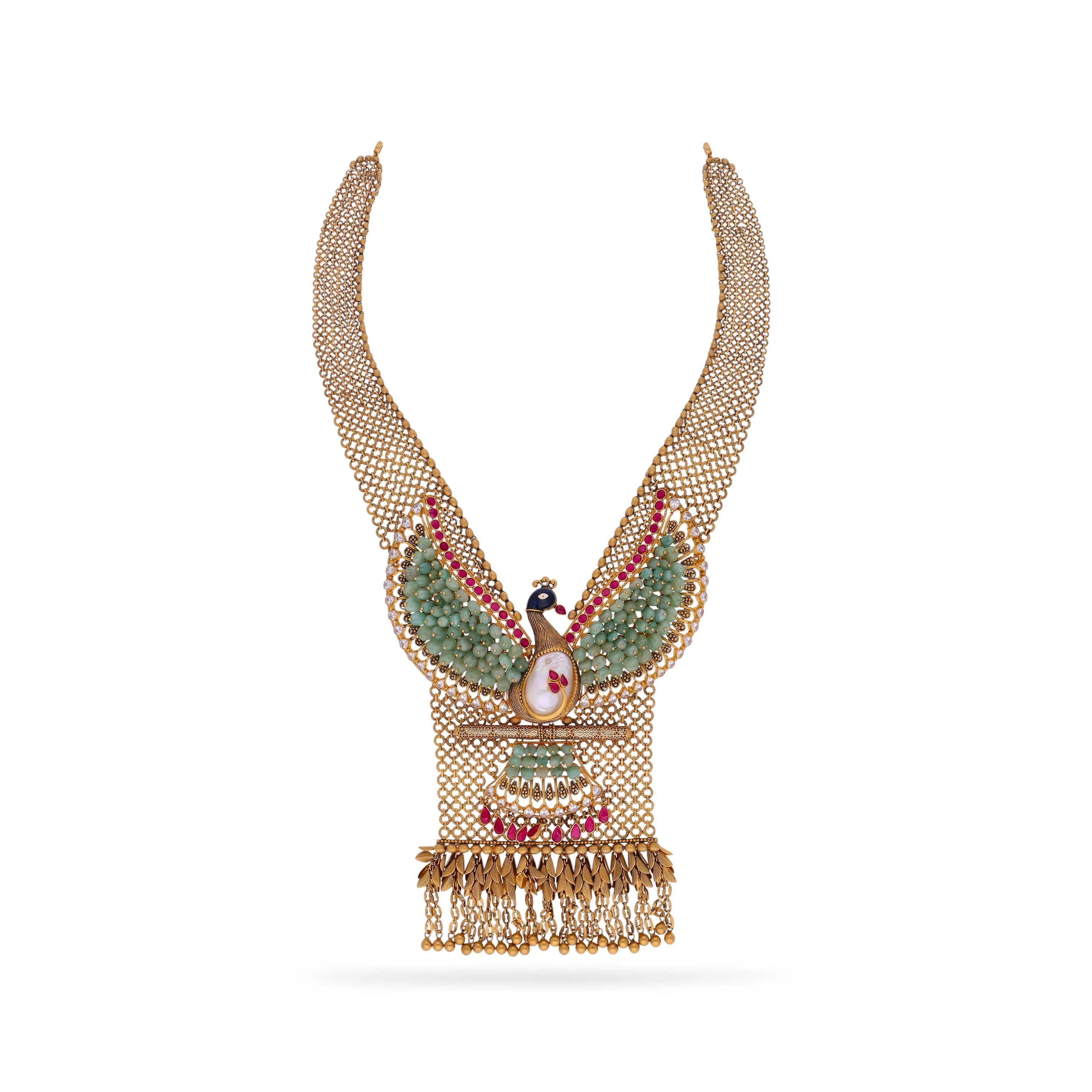 Antique Finished And Studded 22KT Gold Peacock Haaram