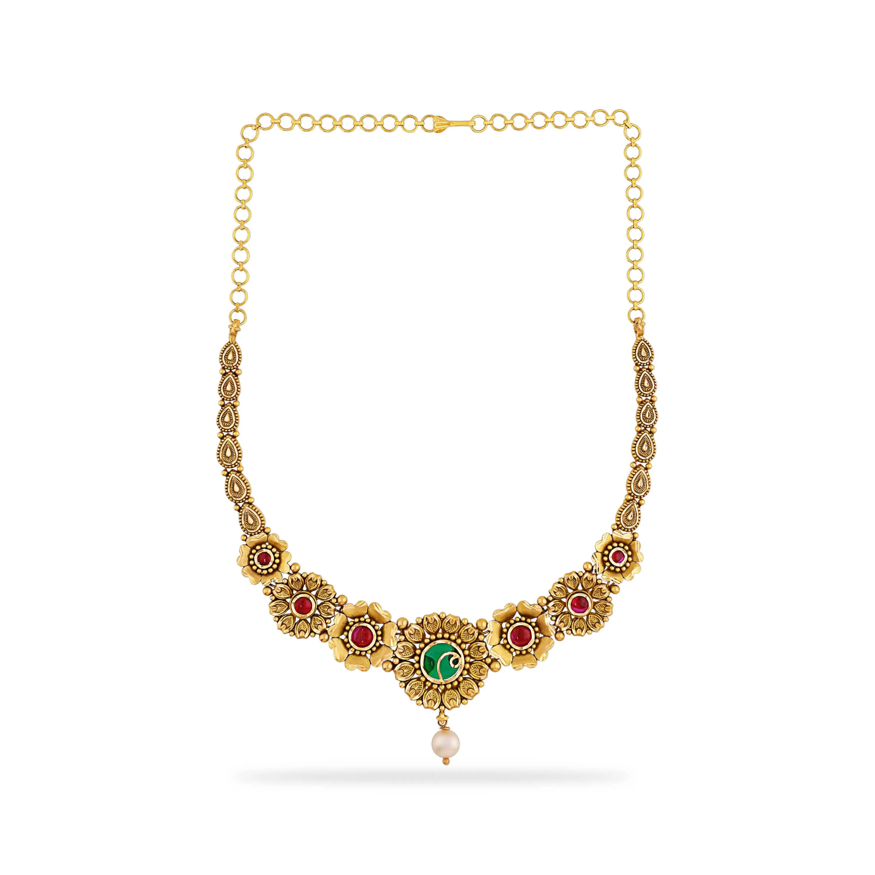 Classic Antique Finished And Studded 22KT Gold Necklace