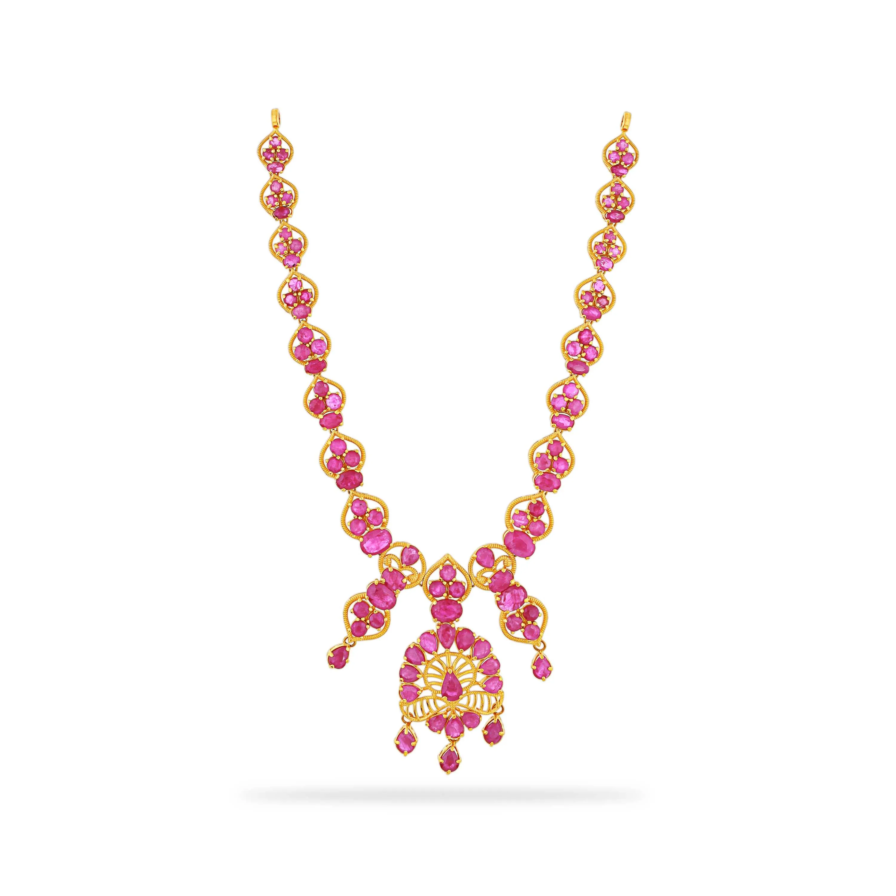 Charmingly Detailed And Ruby Studded 22KT Gold Necklace