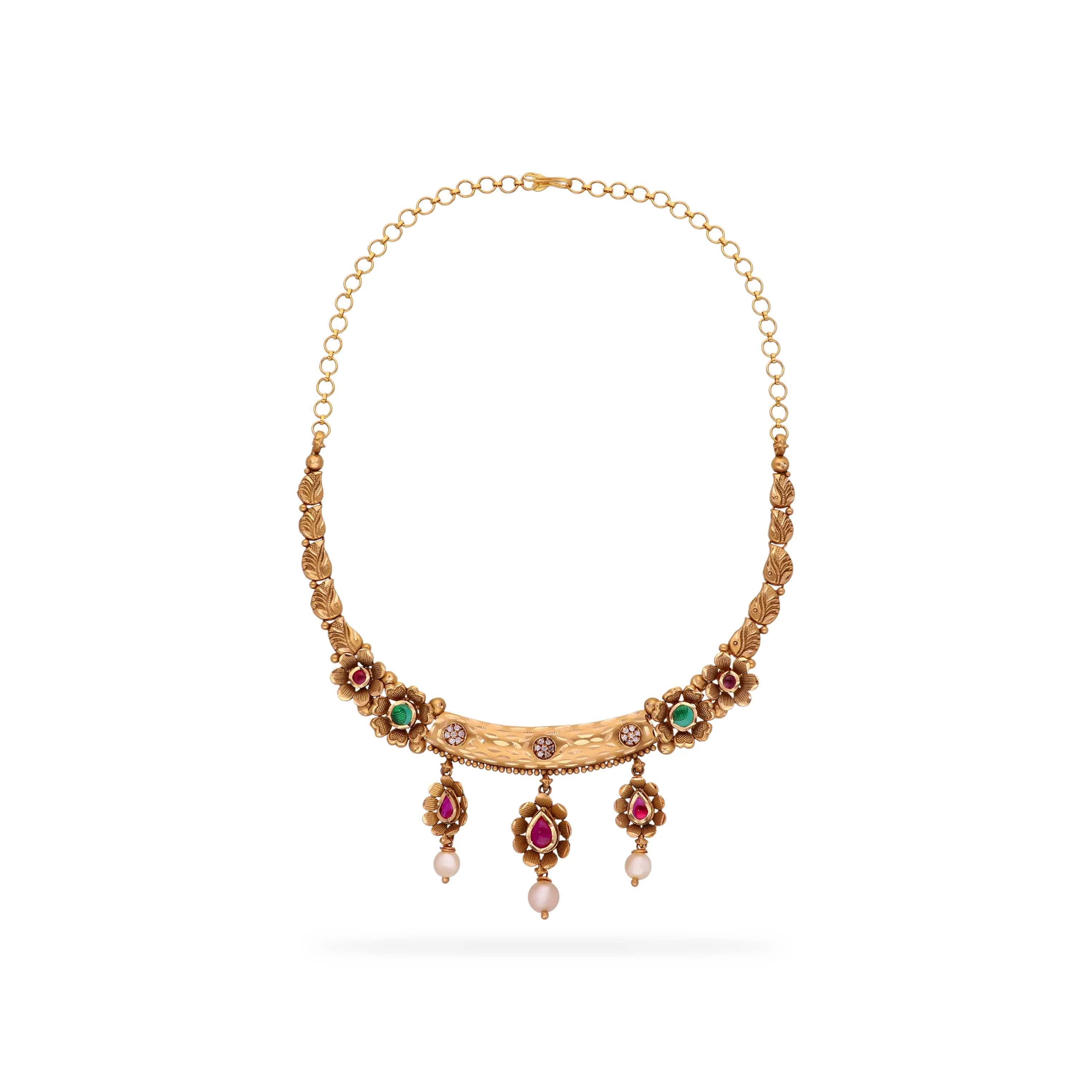 Classic Antique Finished And Studded 22KT Gold Necklace