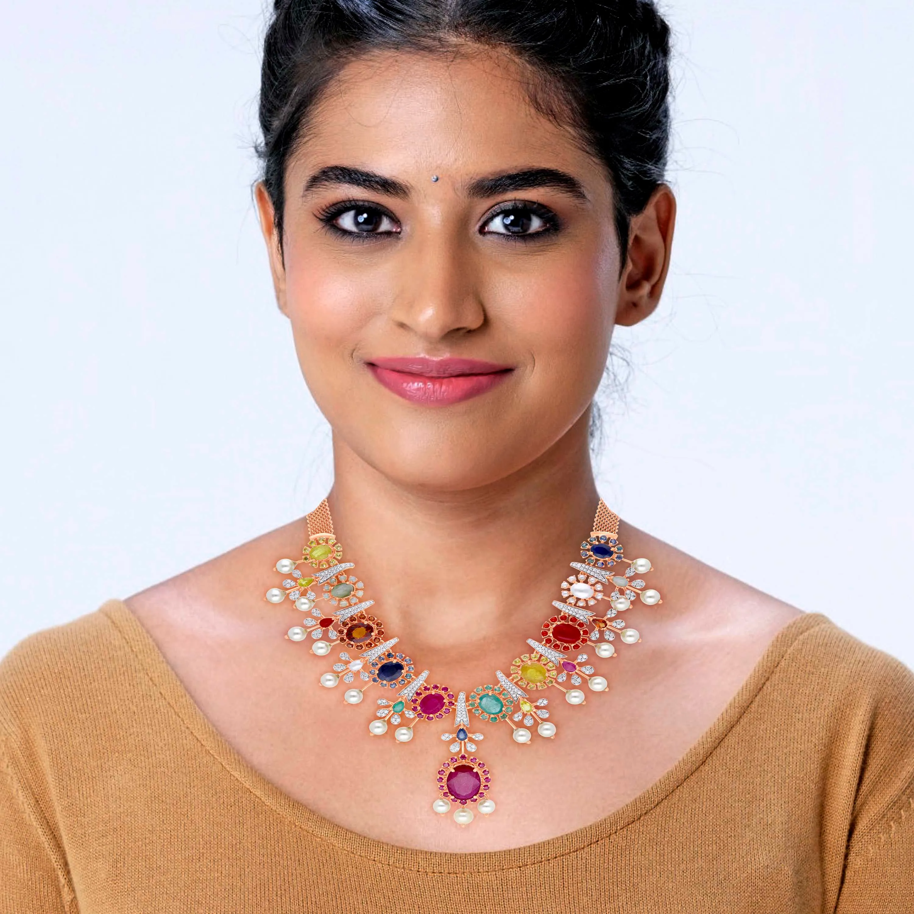 Robustly Vibrant Diamond Navaratna Necklace Set in 18KT Gold