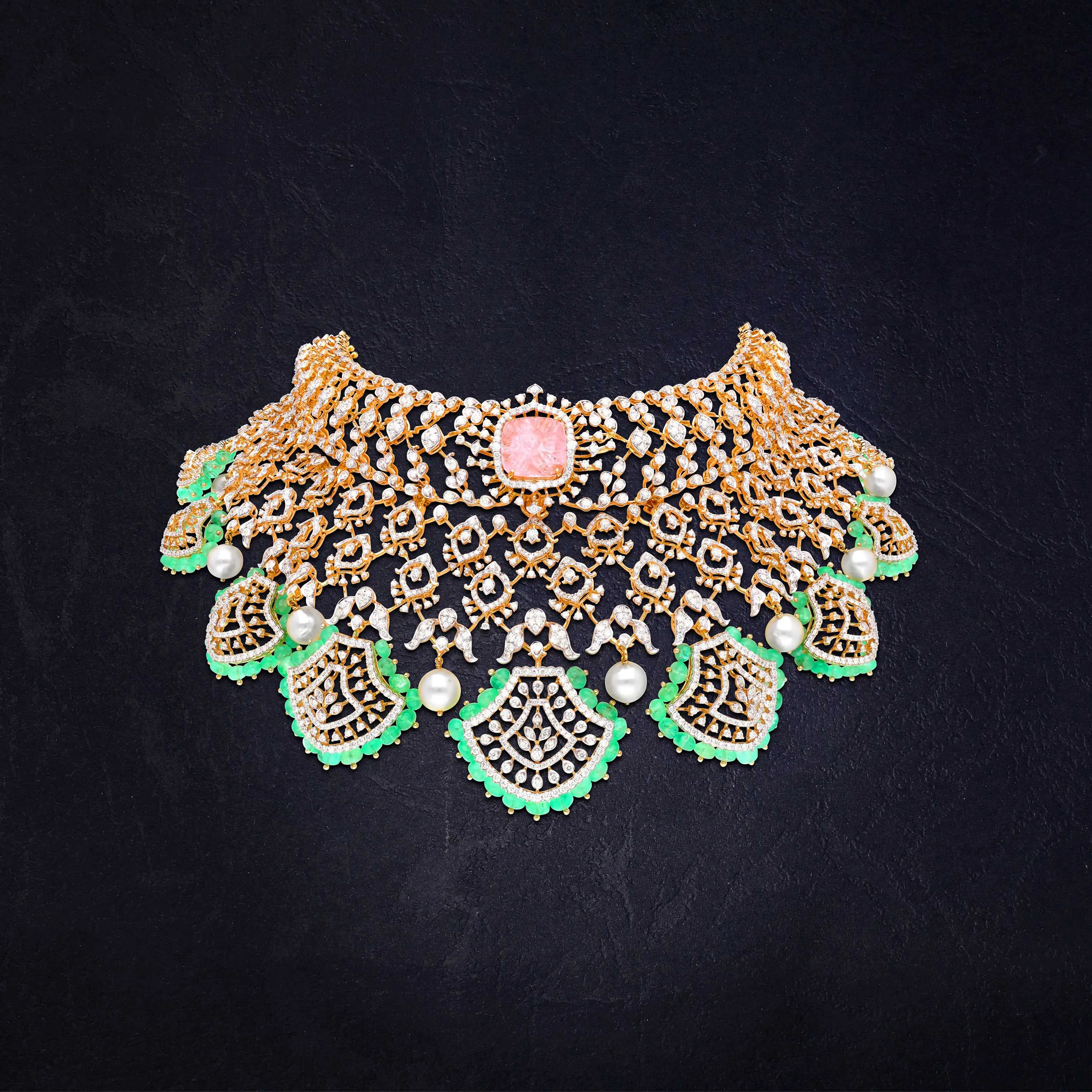 Diamond Choker Necklace With Colored Stones and Pearls in 18KT Gold