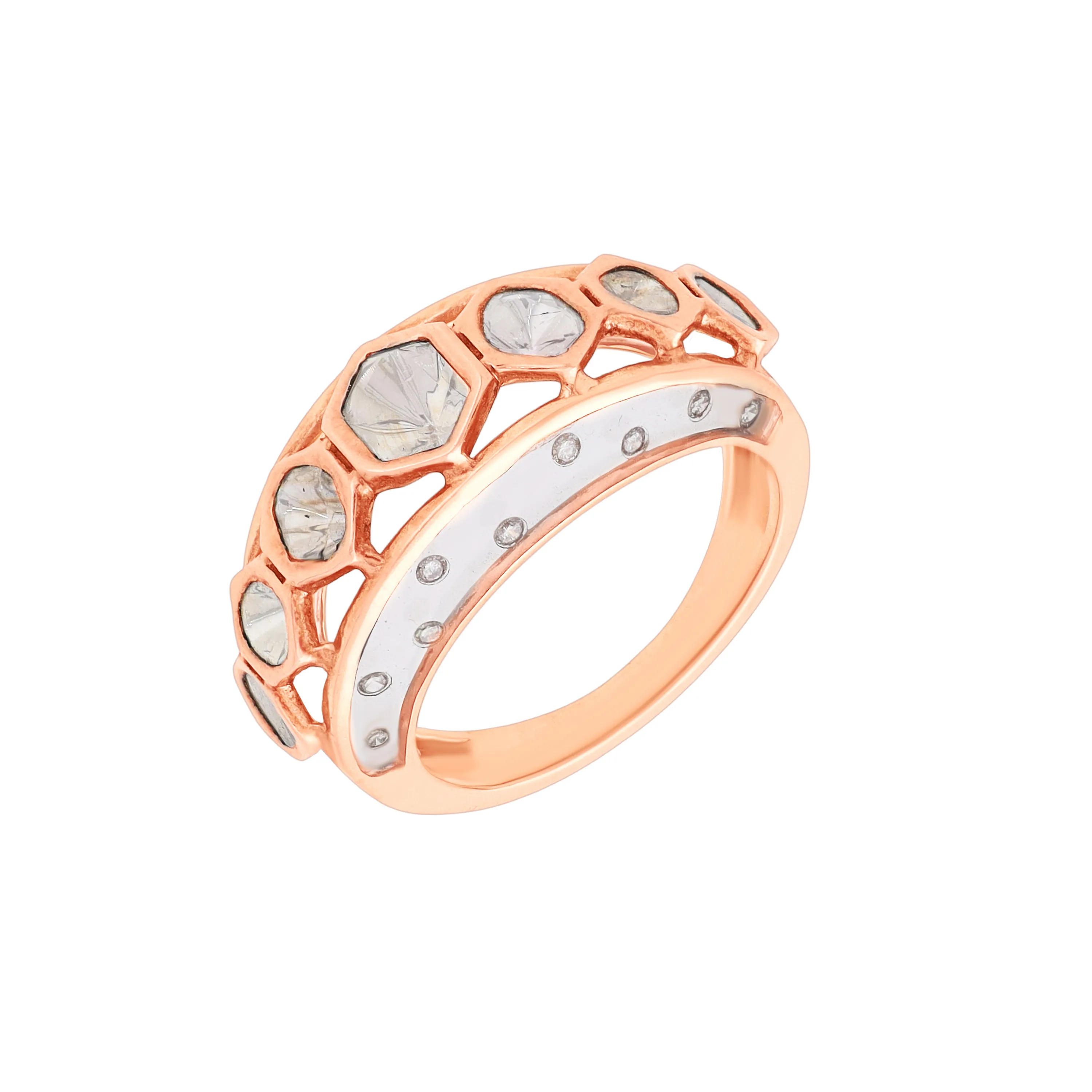 Glamorously Detailed And Diamond Studded 18KT Rose Gold Ring For Women